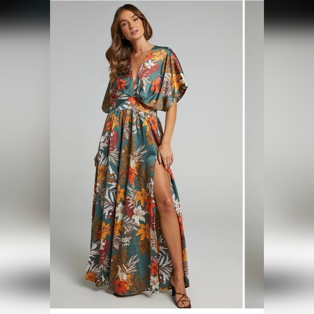 Showpo. Vacay Ready Maxi Dress Plunge Thigh Split Dress in Teal Floral Satin 6 - Picture 2 of 14